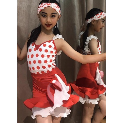Girls kids red polka dot ballroom latin dance dresses flamenco samba salsa rumba chacha stage performance costumes for children